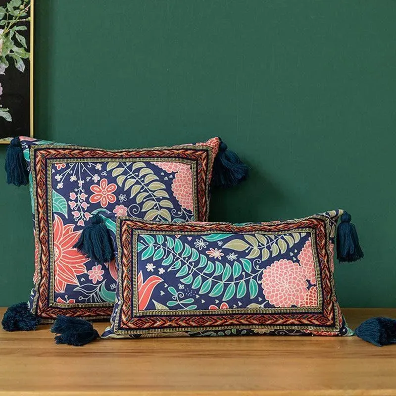 Vintage Velvet Floral Cushion Cover with Tassels