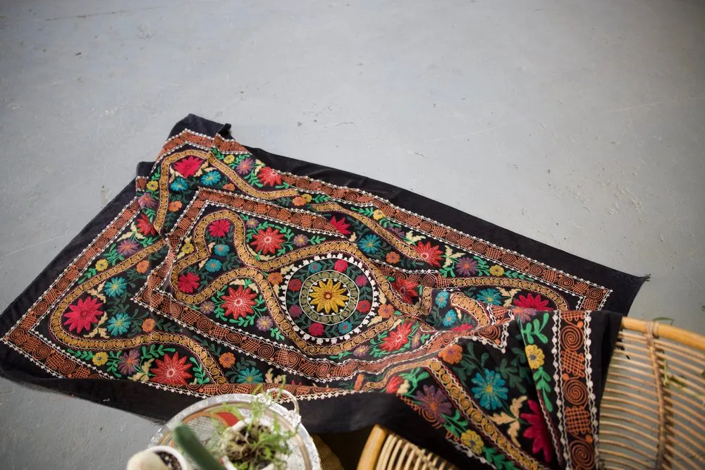 Vintage velvet Suzani throw in deep black